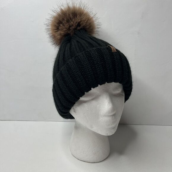 FURTALK Black Winter Satin Lined Faux Fur Pom One Size Beanie Hat - Picture 1 of 12
